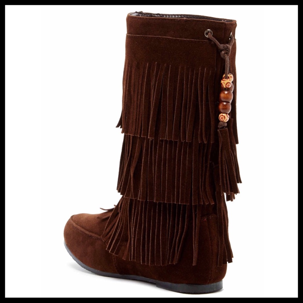 BROWN VEGAN SUEDE BOHO TASSEL FRINGE TRIM BOOTS - Picture 4 of 8